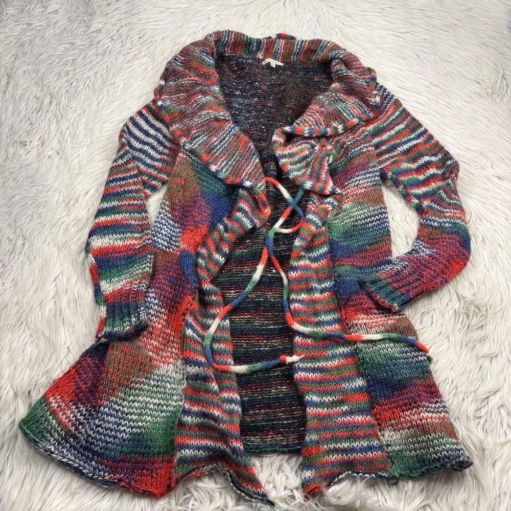 Toi et Moi Women's M Multi-Color Stripe‎ Tie Front Long Line Mohair Cardigan